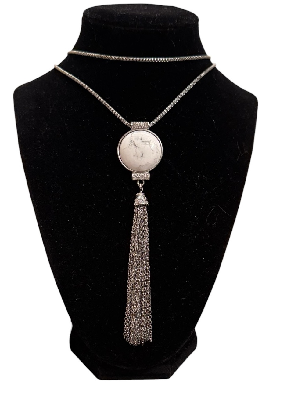 White House Black MarketSilver Tassel Necklace with White Marble Pendant